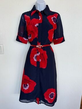 Eshakti Belted Midi Shirtdress Navy Blue Red Floral